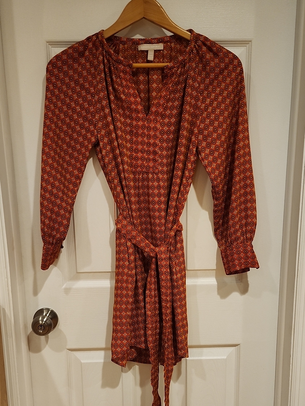 Banana Republic Orange Geometric Long-Sleeve Tie-Waist Dress